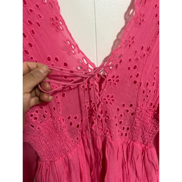 Women's Free People Bubblegum Pink Lottie Eyelet Mini Dress size M - Picture 8 of 10